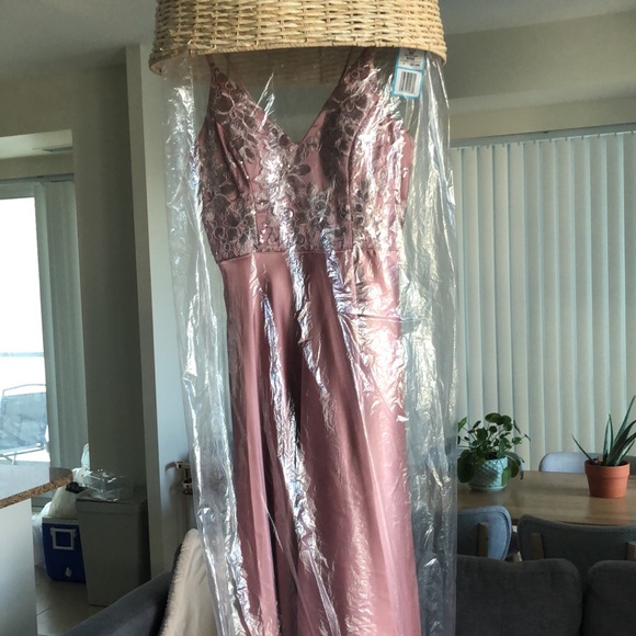 Rose Gold Satin Sequin Gown with Leg Slit - Picture 5 of 6